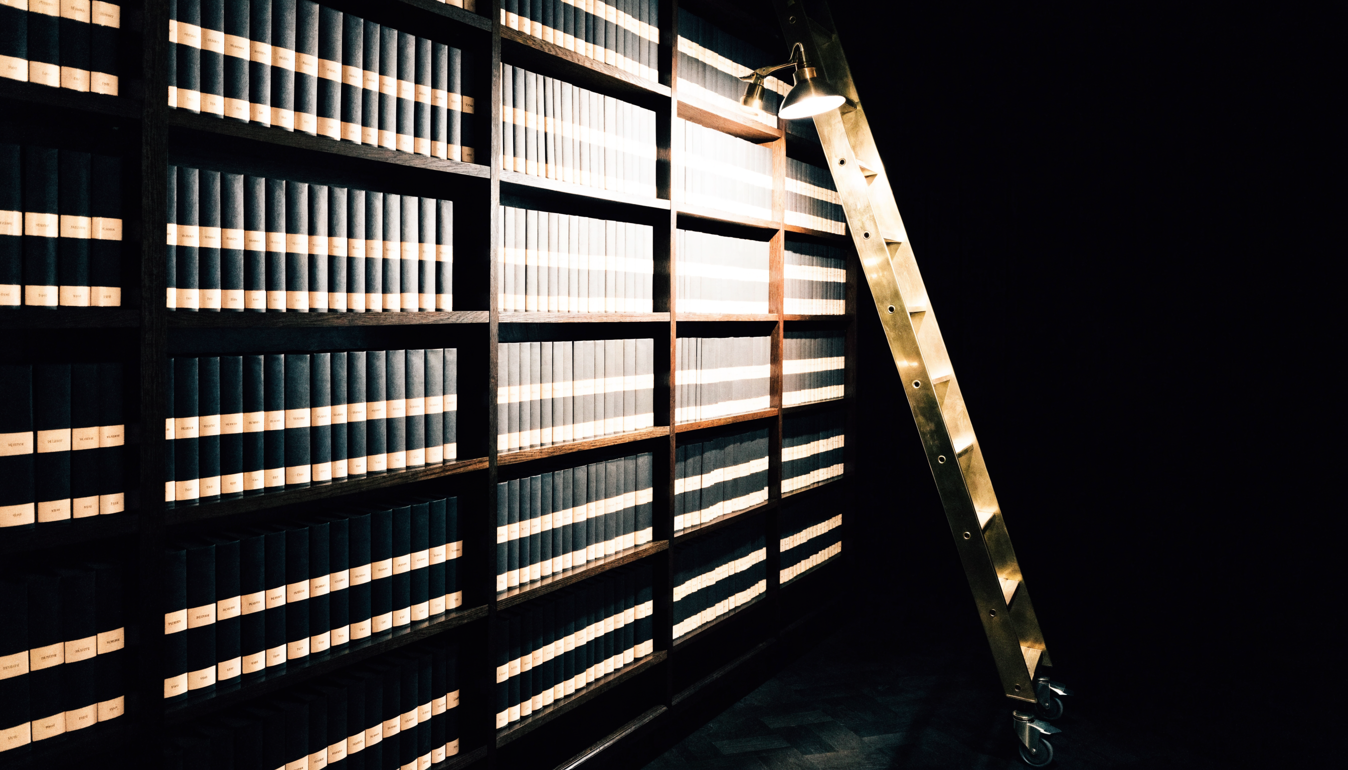 Bibliothèque privée la nuit, boiseries sombres et échelle de laiton