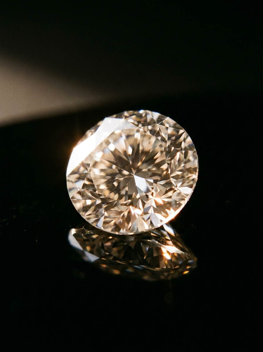 Diamant taille brillant sur verre noir, éclat champagne